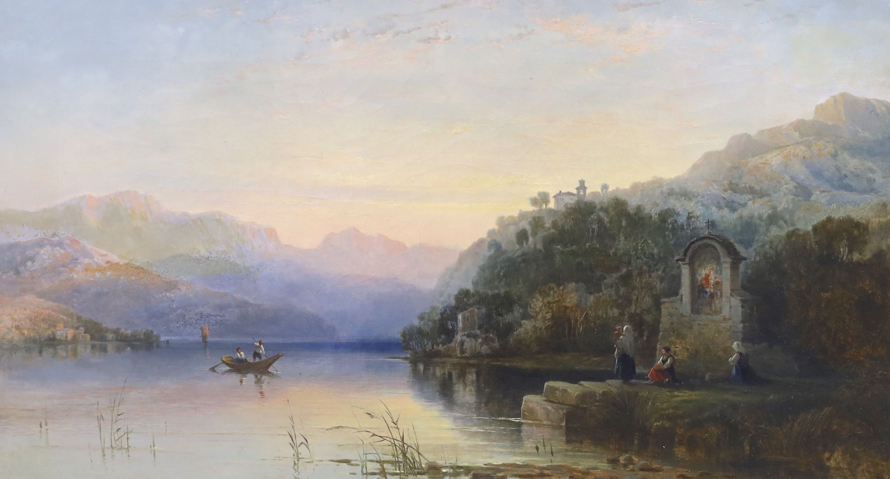 George Edward Herring (1805-1879), oil on canvas, Italian lake scene with figures beside a shrine, signed, 44 x 61cm